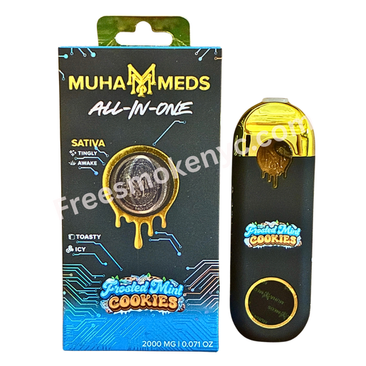 Muha Meds Frosted Mint Cookies sativa 2g Disposable Vape Pen and packaging on a transparent background 