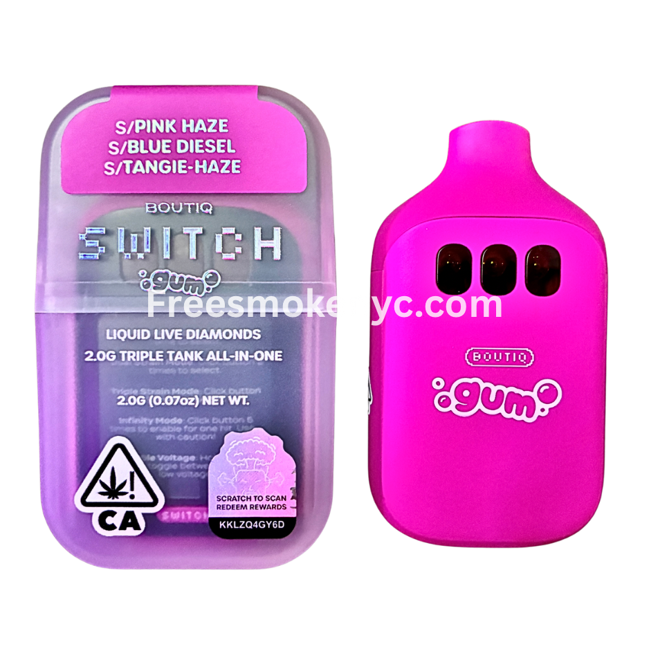 Boutiq Switch Gum Edition 3 strains in 1 disposable vape on transparent background 
