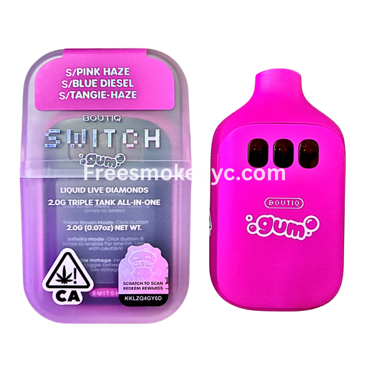 Boutiq Switch Gum Edition 3 strains in 1 disposable vape on transparent background 