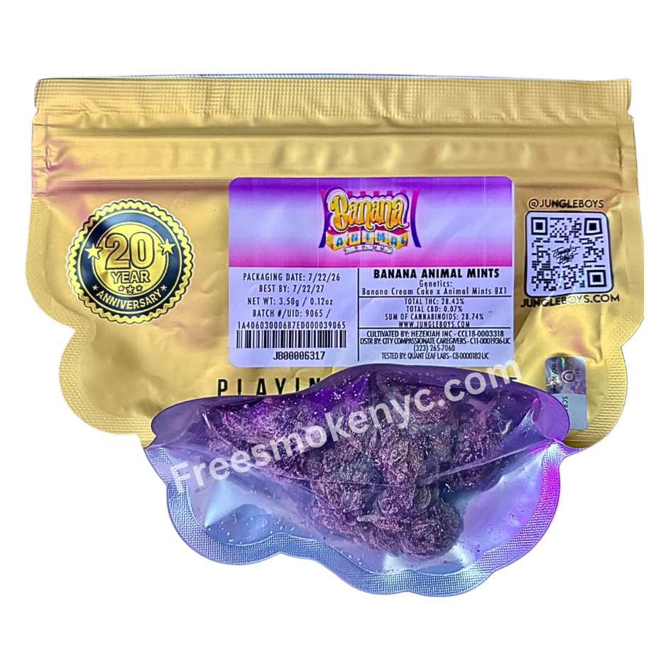 Jungle Boys hybrid strain Banana Animal Mints cannabis buds and packaging on a transparent background 