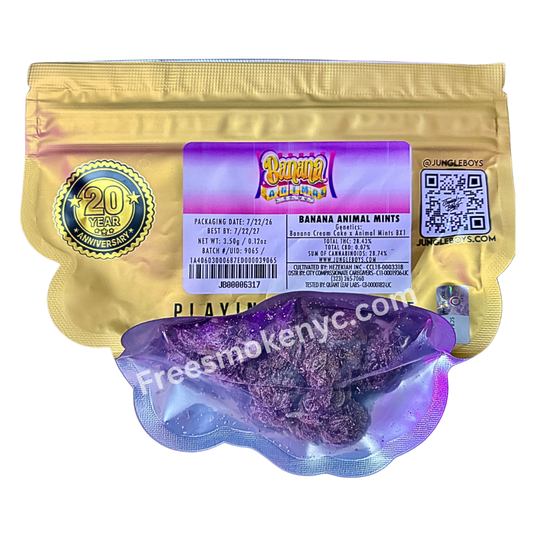 Jungle Boys hybrid strain Banana Animal Mints cannabis buds and packaging on a transparent background 