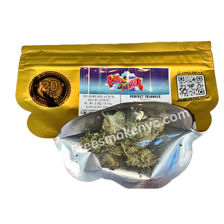 Jungle boys hybrid strain perfect triangle packaging and cannabis buds on a transparent background 