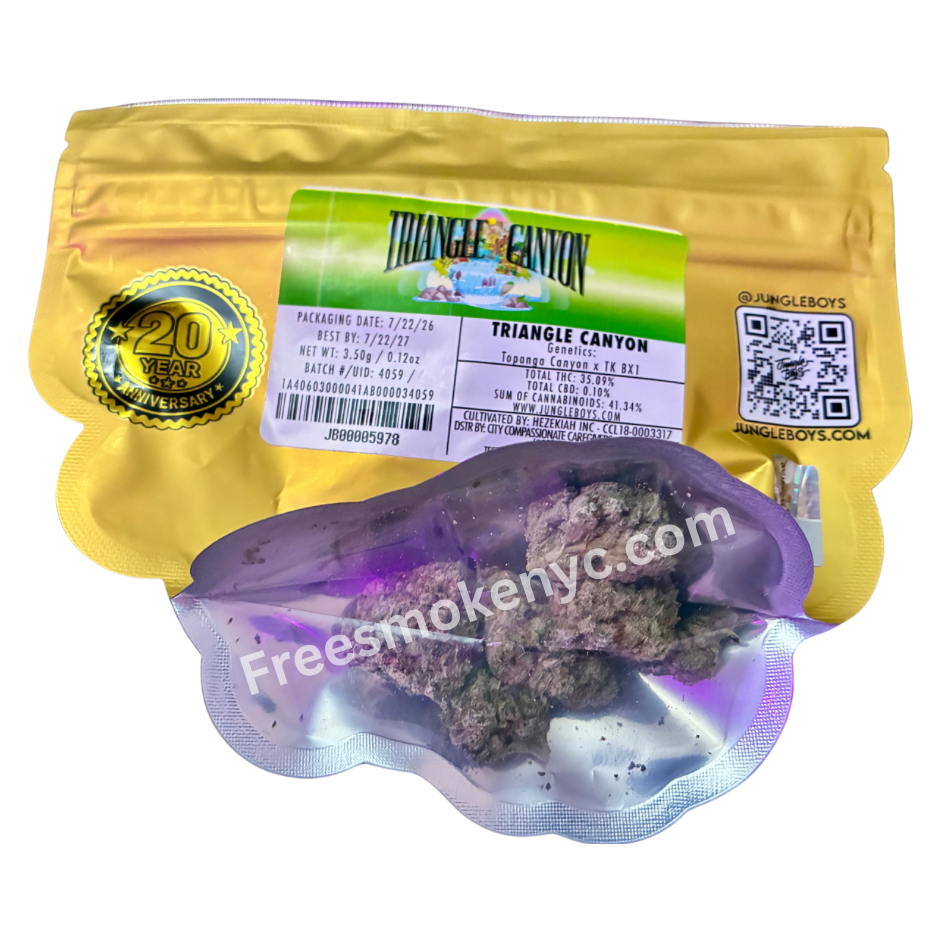 Jungle Boys hybrid strain Triangle Canyon Cannabis buds and packaging on a transparent background 