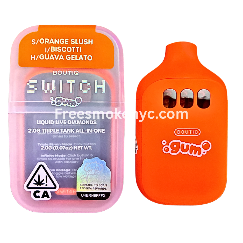 Boutiq Switch Gum Edition 3 strains in 1 disposable vape on transparent background 