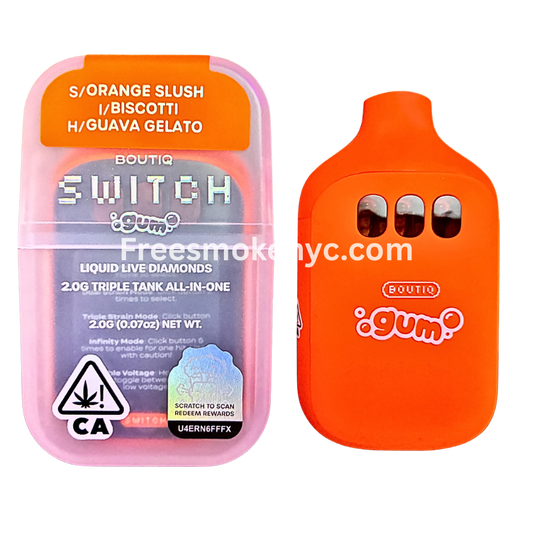 Boutiq Switch Gum Edition 3 strains in 1 disposable vape on transparent background 