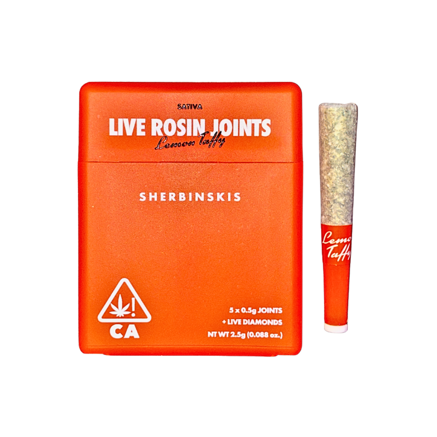 Sherbinskis Lemon Taffy sativa strain packaging and pre-roll on a transparent background