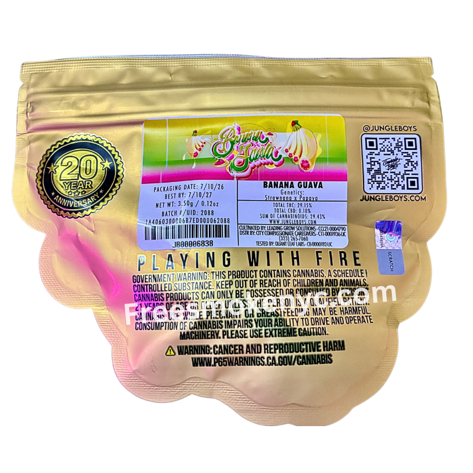 Jungle Boys Banana Guava hybrid cannabis packaging on a transparent background 