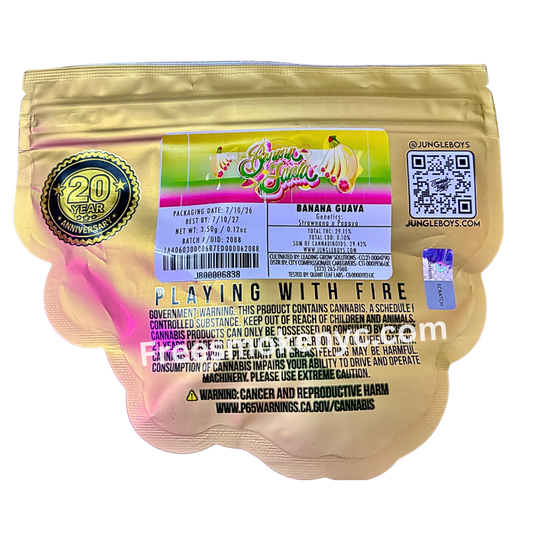 Jungle Boys Banana Guava hybrid cannabis packaging on a transparent background 