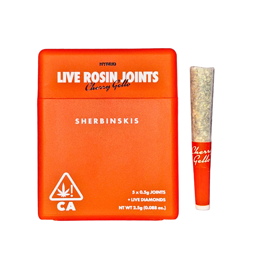 Sherbinskis Cherry Gello hybrid strain packaging and pre-roll on a transparent background