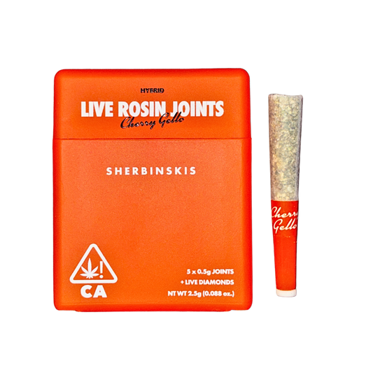 Sherbinskis Cherry Gello hybrid strain packaging and pre-roll on a transparent background