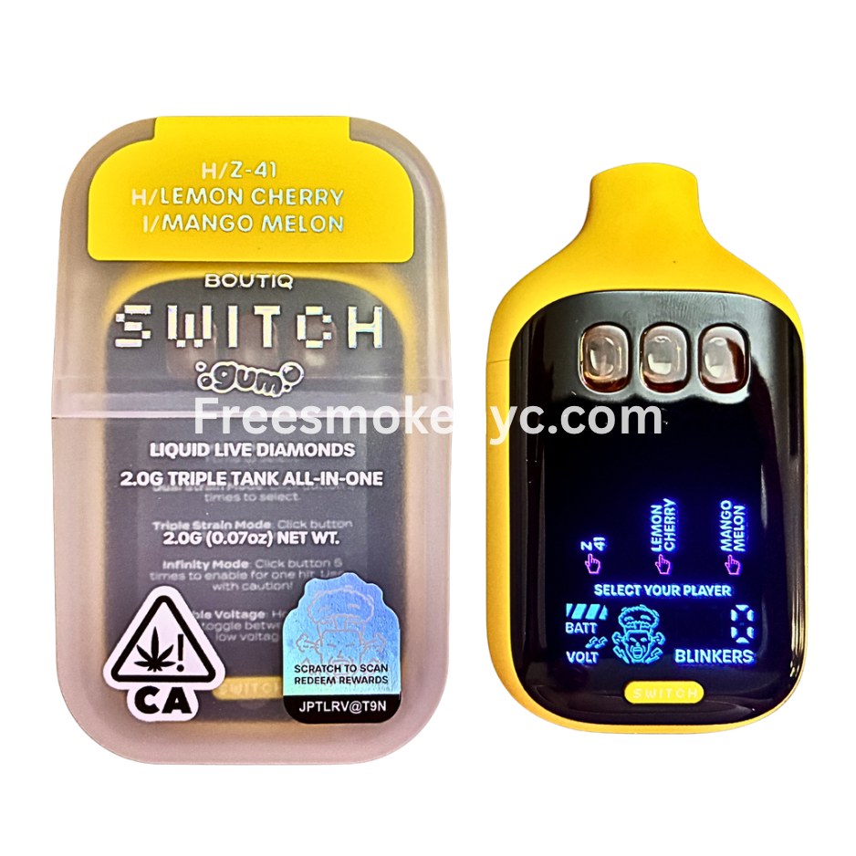 Boutiq Switch Gum Edition 3 strains in 1 disposable vape on transparent background 