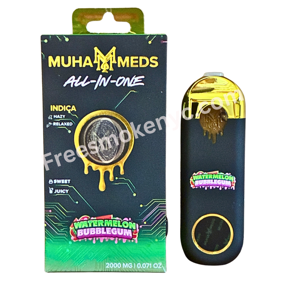 Muha Meds Lemon Watermelon Bubblegum indica 2g Disposable Vape Pen and packaging on a transparent background 