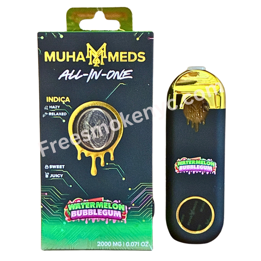 Muha Meds Lemon Watermelon Bubblegum indica 2g Disposable Vape Pen and packaging on a transparent background 