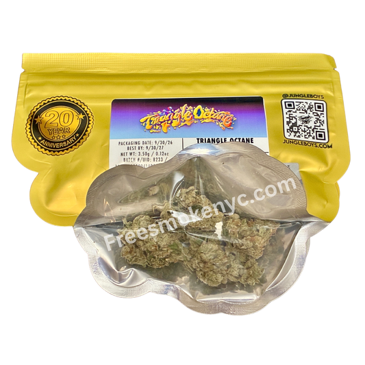 Jungle Boys Triangle Octane packaging and cannabis flowers on a transparent background 