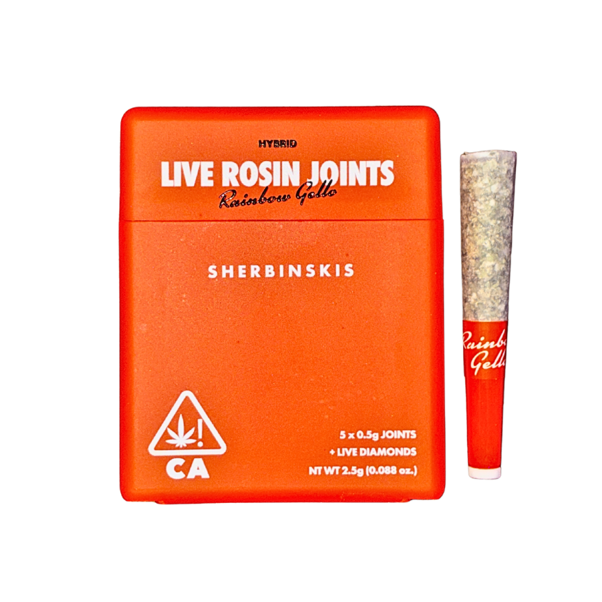 Sherbinskis Rainbow Gello hybrid strain live rosin-infused pre-roll multipack featuring colorful packaging and a pre-roll on a transparent background.