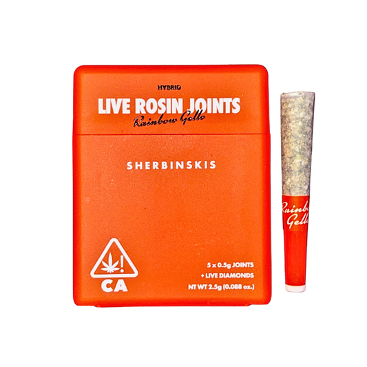 Sherbinskis Rainbow Gello hybrid strain live rosin-infused pre-roll multipack featuring colorful packaging and a pre-roll on a transparent background.