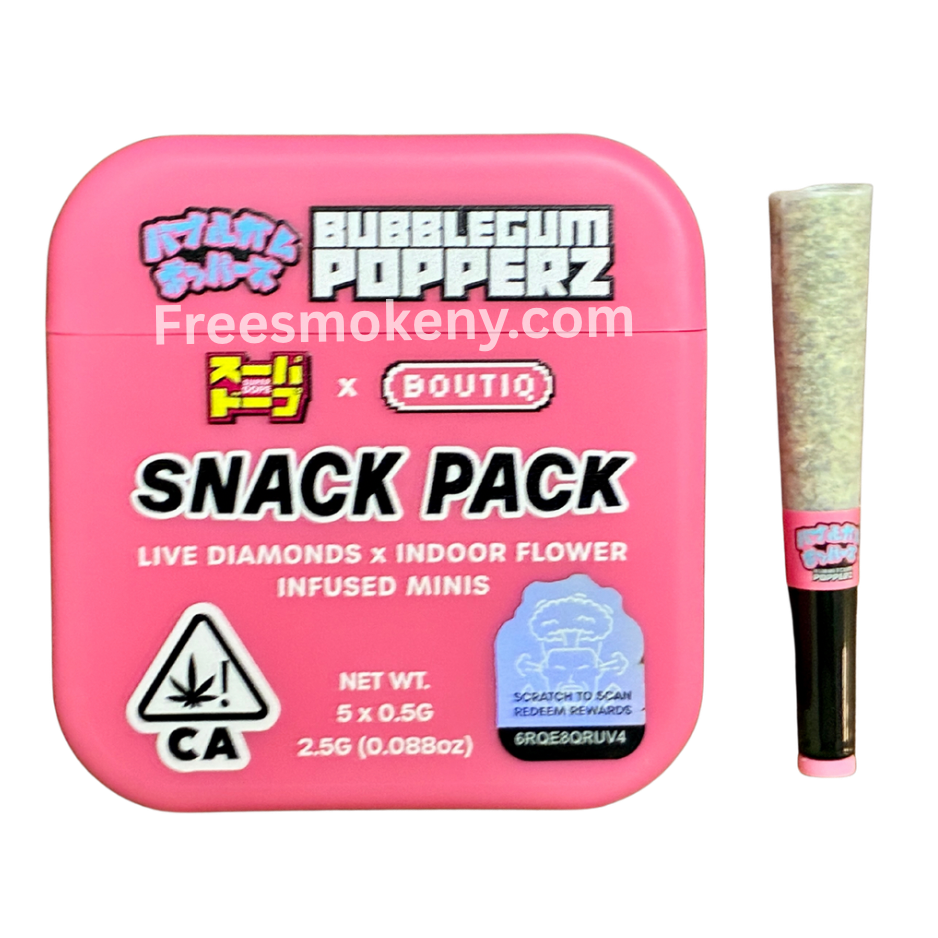 Super Dope x Boutiq Bubblegum Popperz infused pre-roll and packaging on a transparent background
