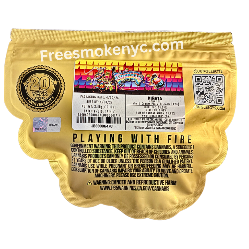 Jungle Boys hybrid strain Piñata packaging and information on a transparent background