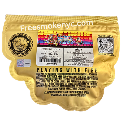 Jungle Boys hybrid strain Piñata packaging and information on a transparent background