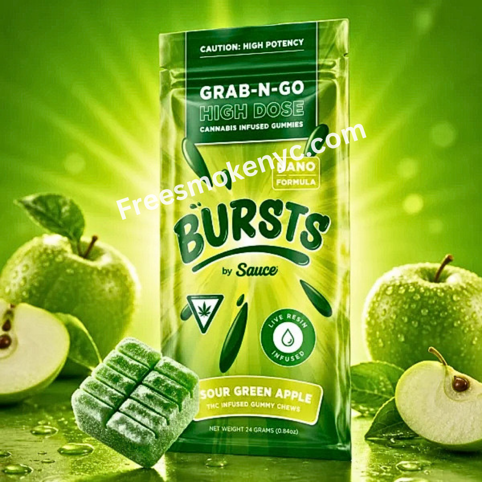 Bursts by Sauce Sour Green Apple Live Resin Infused Gummy and packaging on a colorful background 