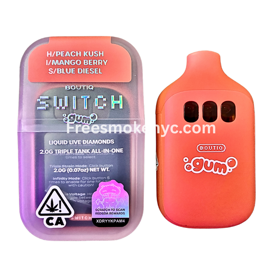 Boutiq Switch Gum Edition 3 strains in 1 disposable vape on transparent background 
