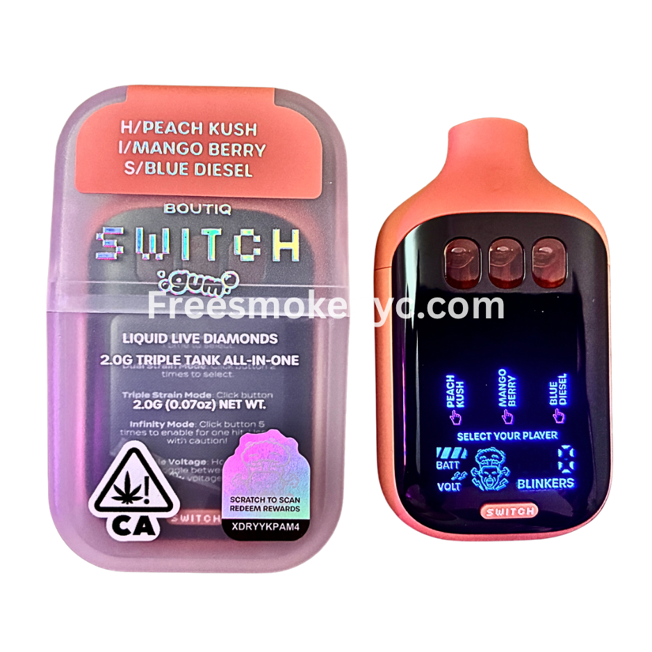 Boutiq Switch Gum Edition 3 strains in 1 Peach Kush, Mango Berry, Blue Diesel disposable vape on transparent background 