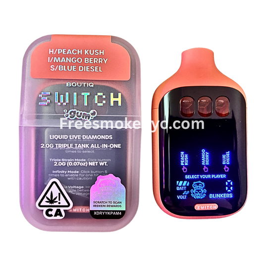 Boutiq Switch Gum Edition 3 strains in 1 Peach Kush, Mango Berry, Blue Diesel disposable vape on transparent background 