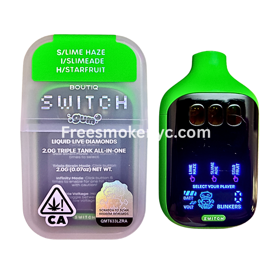 Boutiq Switch Gum Edition 3 strains in 1 disposable vape on transparent background 