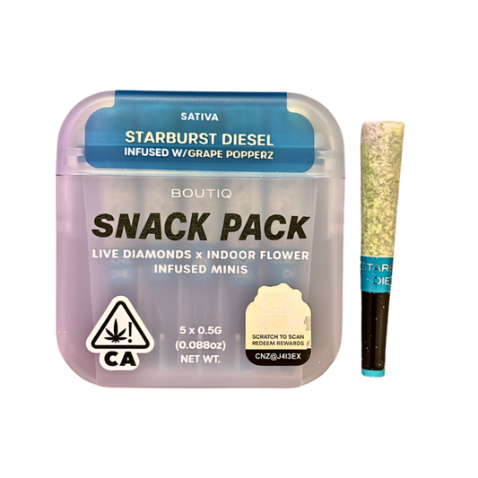 BOUTIQ “SNACK PACK” “STARBURST DIESEL” INFUSED WITH “GRAPE POPPERZ” PRE-ROLL PACK; SATIVA STRAIN