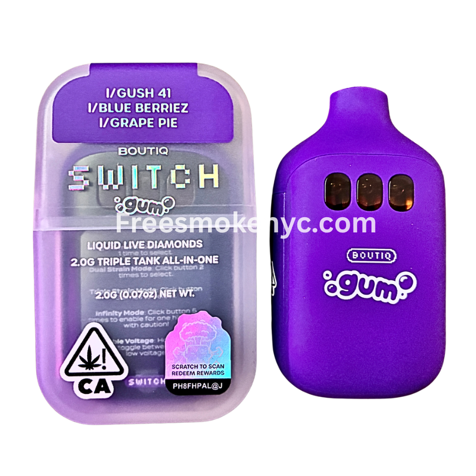 Boutiq Switch Gum Edition 3 strains in 1 disposable vape on transparent background 