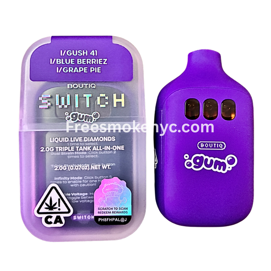 Boutiq Switch Gum Edition 3 strains in 1 disposable vape on transparent background 