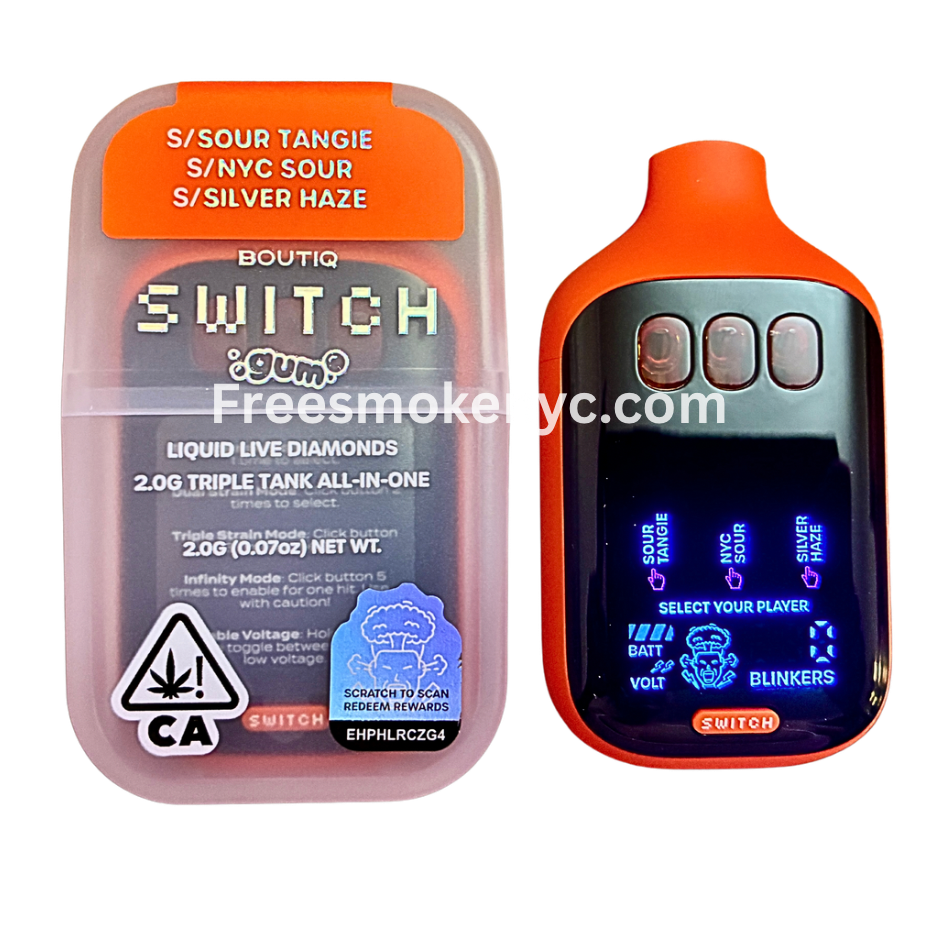 Boutiq Switch Gum Edition 3 strains in 1 disposable vape on transparent background