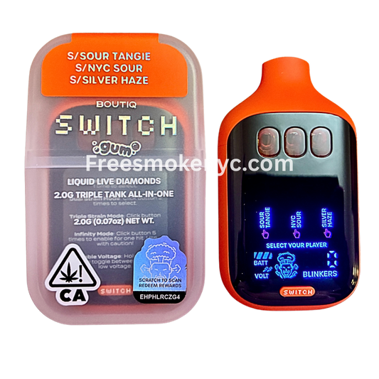 Boutiq Switch Gum Edition 3 strains in 1 disposable vape on transparent background