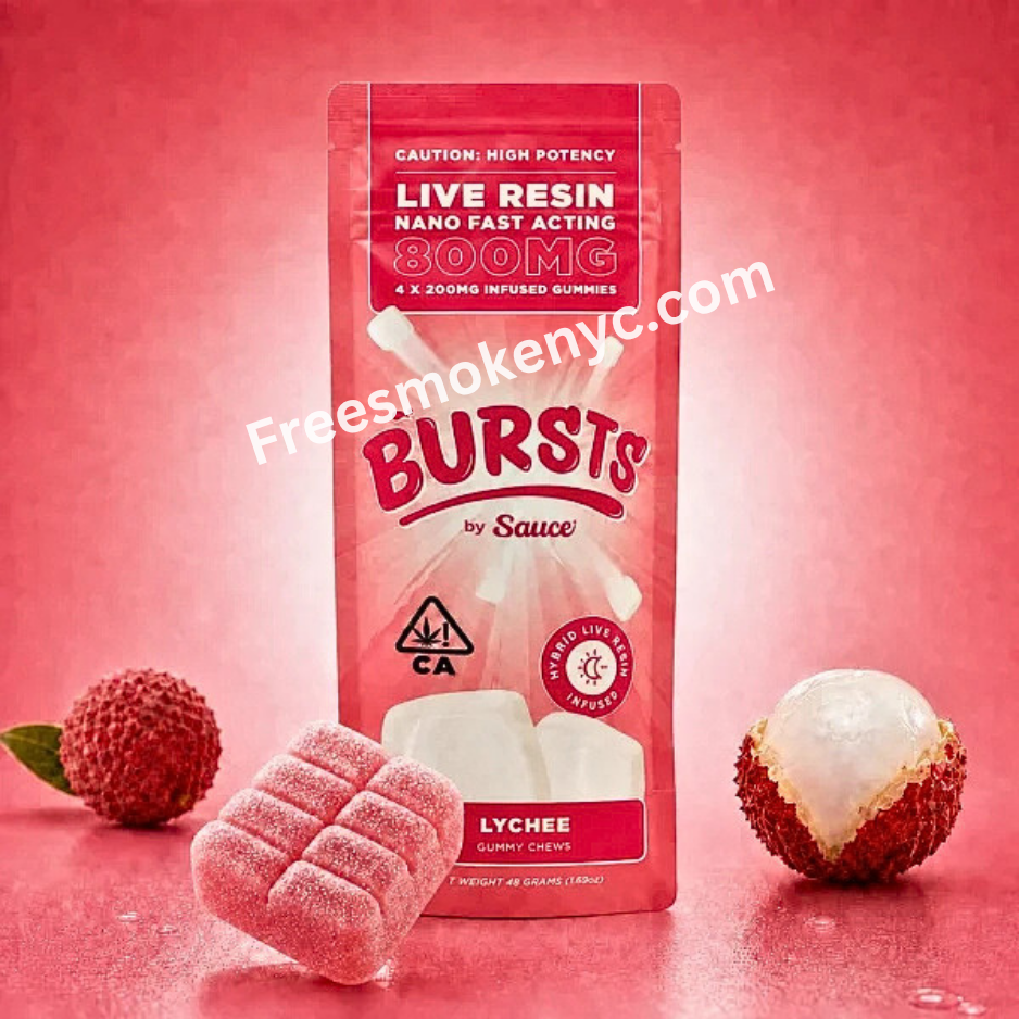 Bursts by Sauce Lychee Live Resin Infused Gummy and packaging on a colorful background 