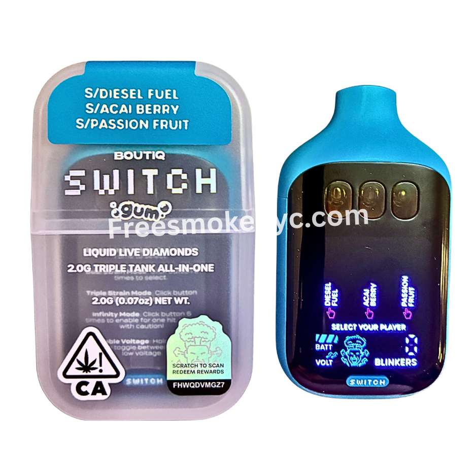 Boutiq Switch Gum Edition 3 strains in 1 disposable vape on transparent background 