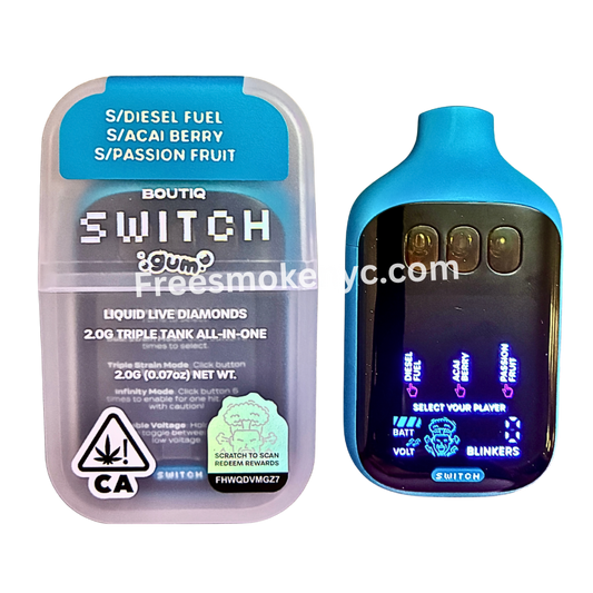 Boutiq Switch Gum Edition 3 strains in 1 disposable vape on transparent background 