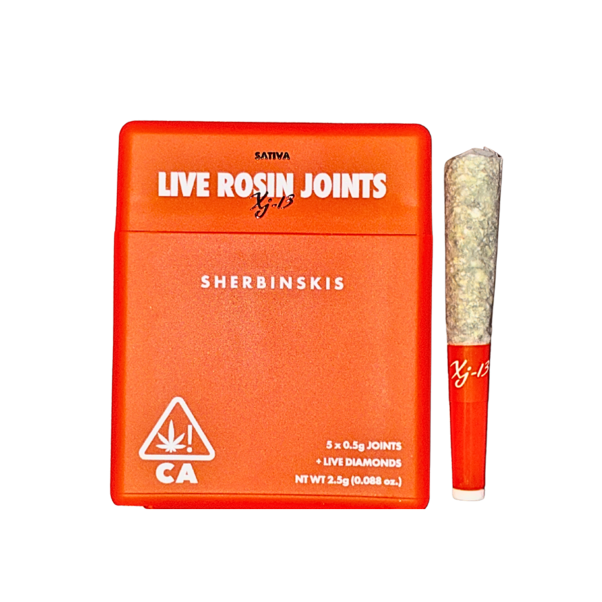 Sherbinskis XJ-13 sativa strain live rosin-infused pre-roll multipack, showcasing dynamic packaging and a pre-roll on a transparent background
