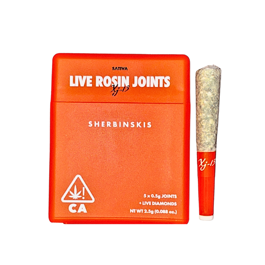 Sherbinskis XJ-13 sativa strain live rosin-infused pre-roll multipack, showcasing dynamic packaging and a pre-roll on a transparent background