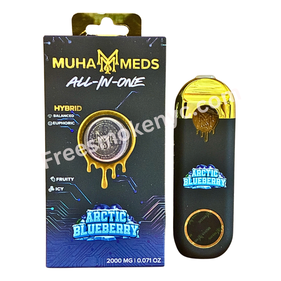 Muha Meds Frosted Arctic Blueberry hybrid 2g Disposable Vape Pen and packaging on a transparent background 