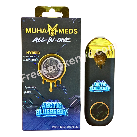 Muha Meds Frosted Arctic Blueberry hybrid 2g Disposable Vape Pen and packaging on a transparent background 