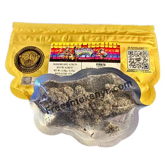 Jungle Boys hybrid strain Piñata packaging and cannabis flower on a transparent background