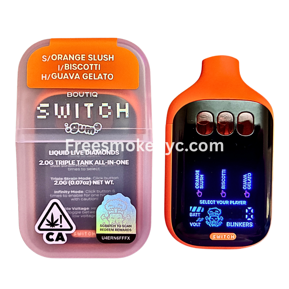 Boutiq Switch Gum Edition 3 strains in 1 Orange Slush, Biscotti, Guava Gelato disposable vape device on transparent background 