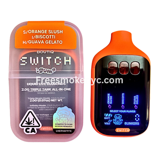 Boutiq Switch Gum Edition 3 strains in 1 Orange Slush, Biscotti, Guava Gelato disposable vape device on transparent background 