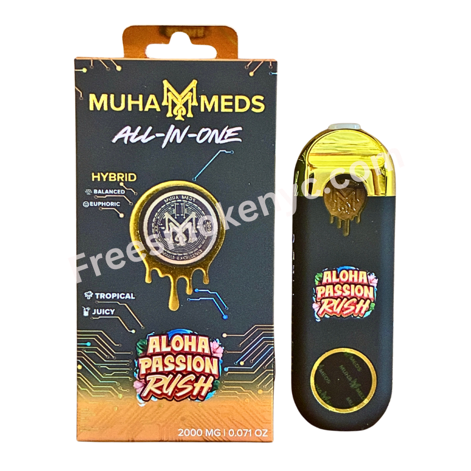 Muha Meds Aloha Passion Rush hybrid 2g Disposable Vape Pen and packaging on a transparent background 