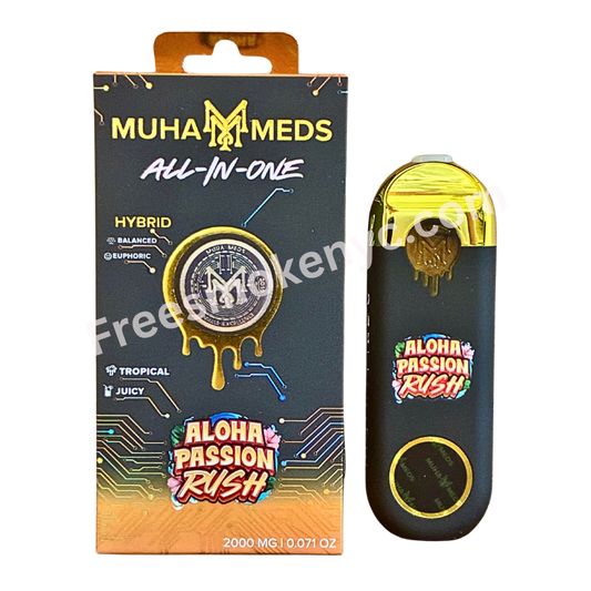 Muha Meds Aloha Passion Rush hybrid 2g Disposable Vape Pen and packaging on a transparent background 
