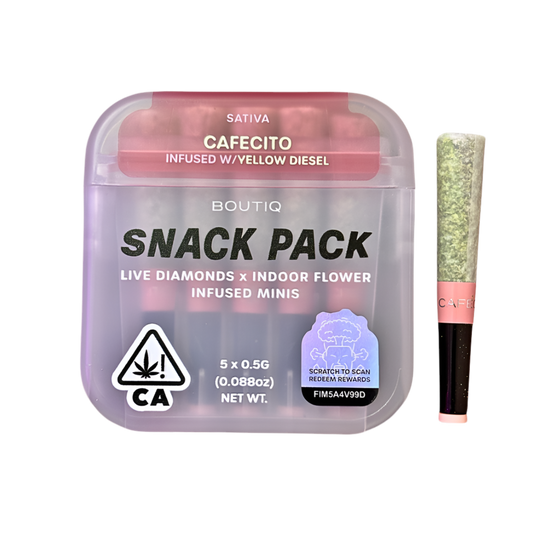 BOUTIQ “SNACK PACK” “CAFECITO” INFUSED WITH “YELLOW DIESEL” PRE-ROLL PACK; SATIVA STRAIN 