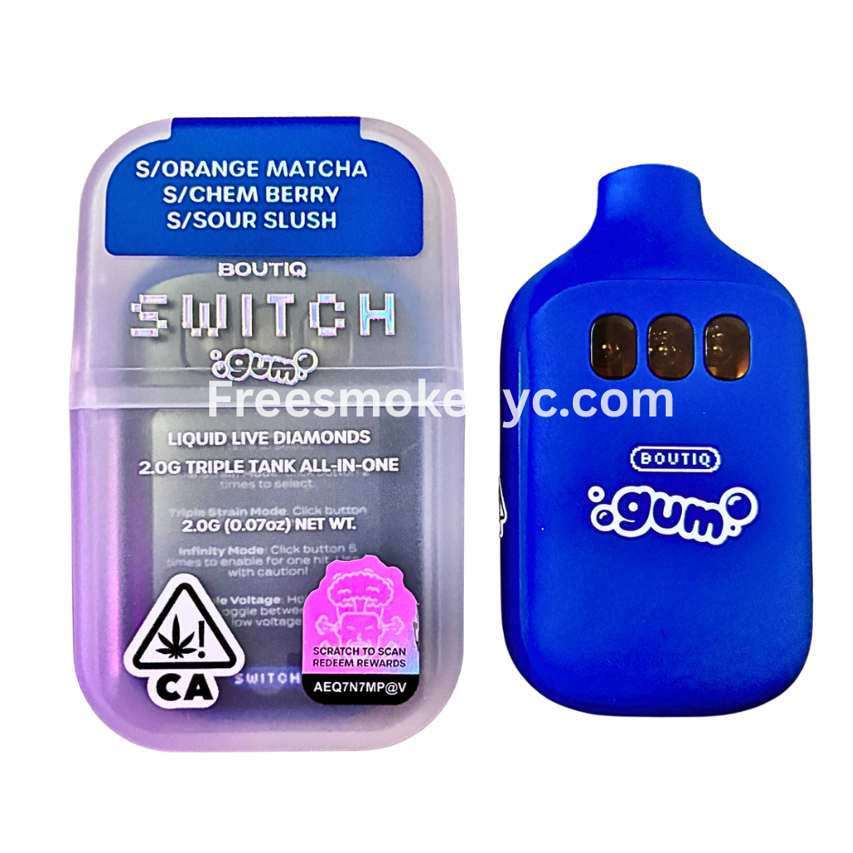 Boutiq Switch Gum Edition 3 strains in 1 disposable vape on transparent background 