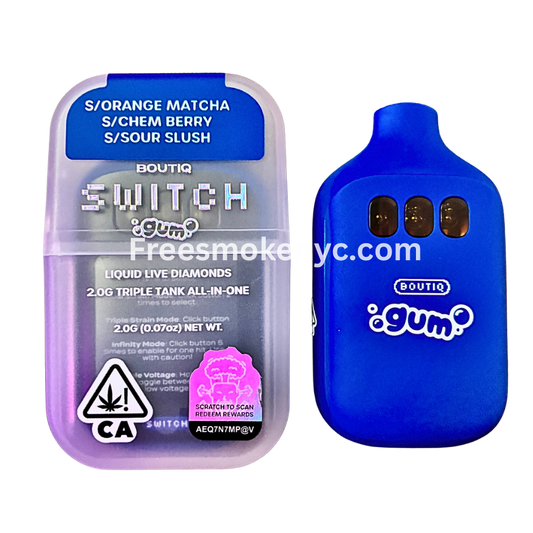 Boutiq Switch Gum Edition 3 strains in 1 disposable vape on transparent background 