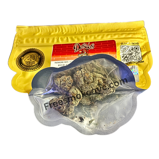 Jungle Boys hybrid strain Do Si Dos cannabis flower packaging and flower on transparent background