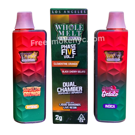 'Whole Melt Extracts' Clementine Crunch and Black Cherry Gelato Disposable and packaging on a transparent background